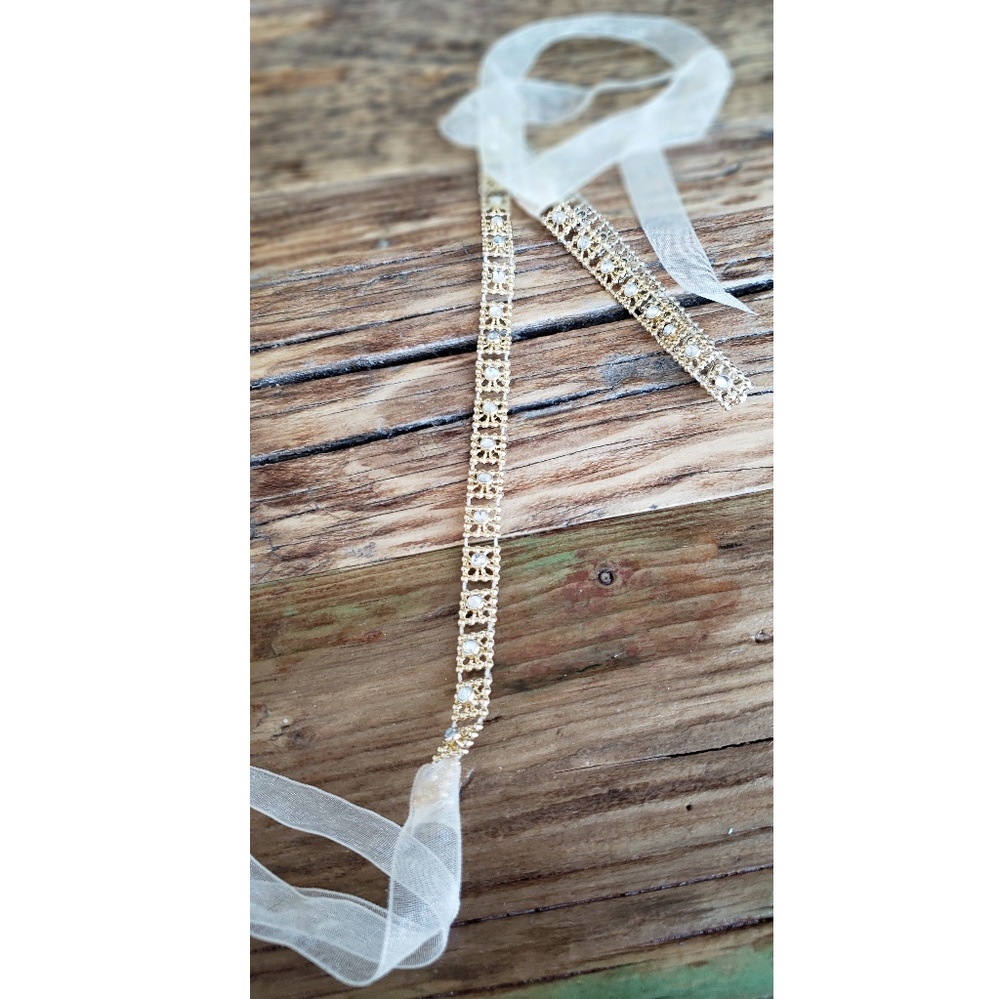Bohemian Headband ribbon bridal wrap gold rhinestone festival wedding hair tie